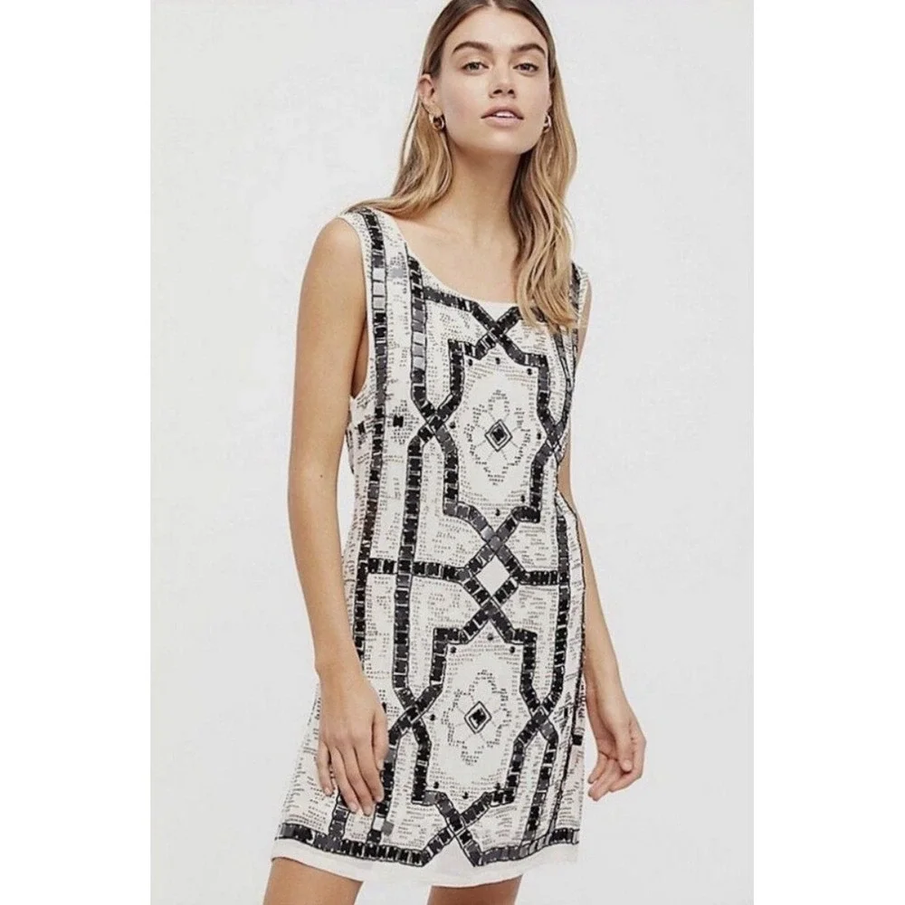 Free People Speak Easy Women's Cream Beaded Fully Lined Shift Dress 0 NWT $168